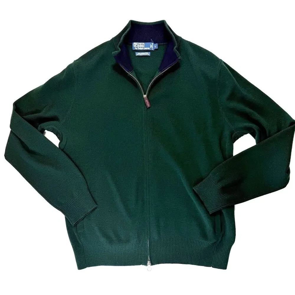 Polo Ralph Lauren Mens Large 100% Merino Wool 2 Way Full Zip Sweater Dark Green
